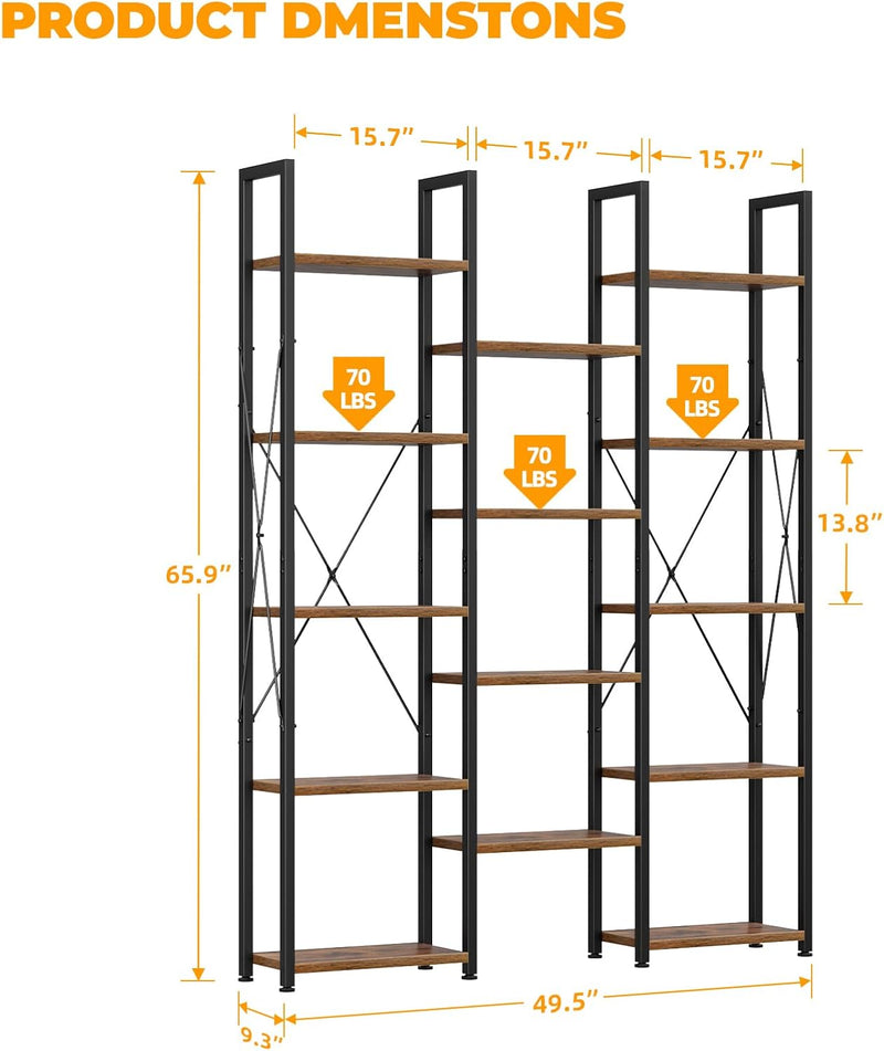 5-Tier Triple Bookshelf Bookcase with 14 Open Shelves