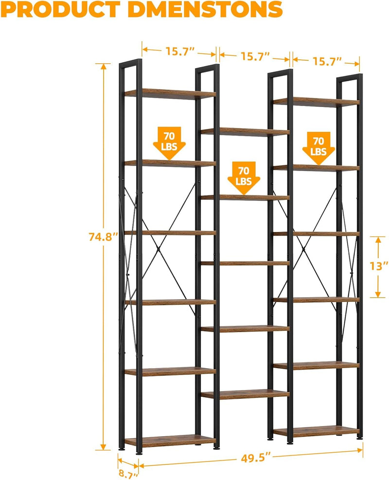 5-Tier Triple Bookshelf Bookcase with 14 Open Shelves