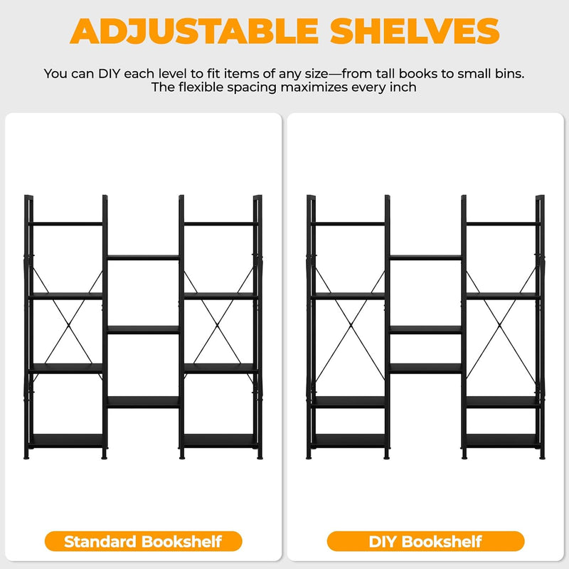5-Tier Triple Bookshelf Bookcase with 14 Open Shelves