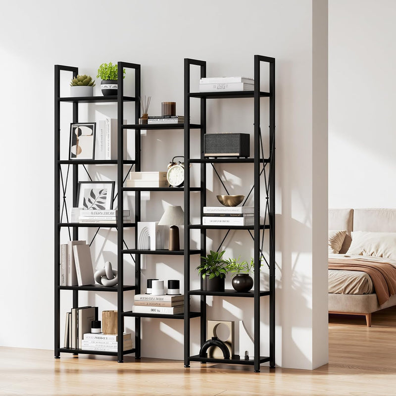5-Tier Triple Bookshelf Bookcase with 14 Open Shelves