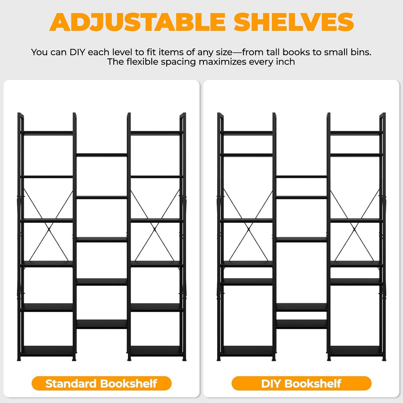 5-Tier Triple Bookshelf Bookcase with 14 Open Shelves