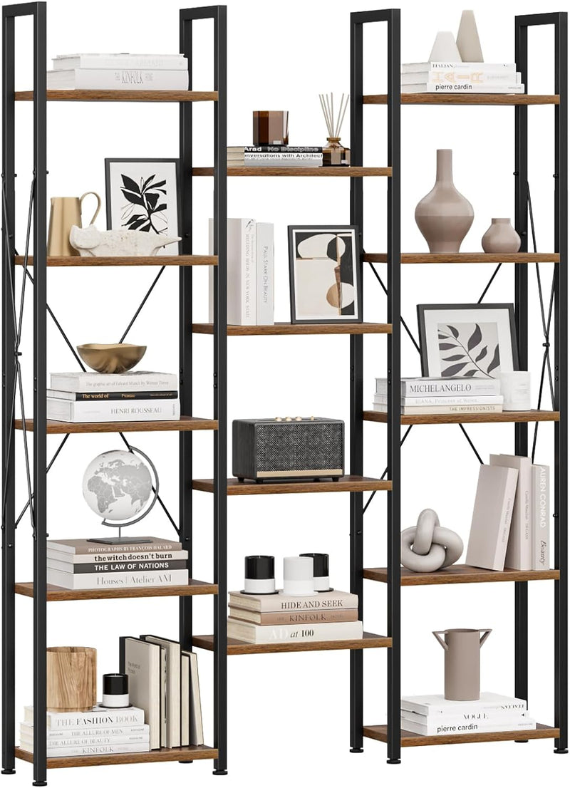 5-Tier Triple Bookshelf Bookcase with 14 Open Shelves