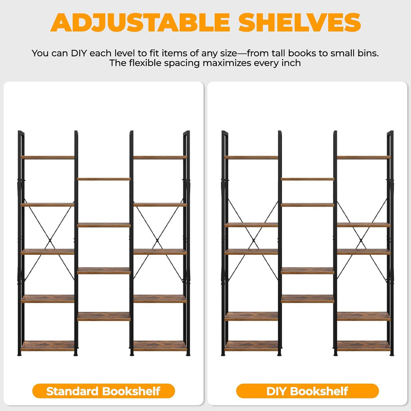 5-Tier Triple Bookshelf Bookcase with 14 Open Shelves