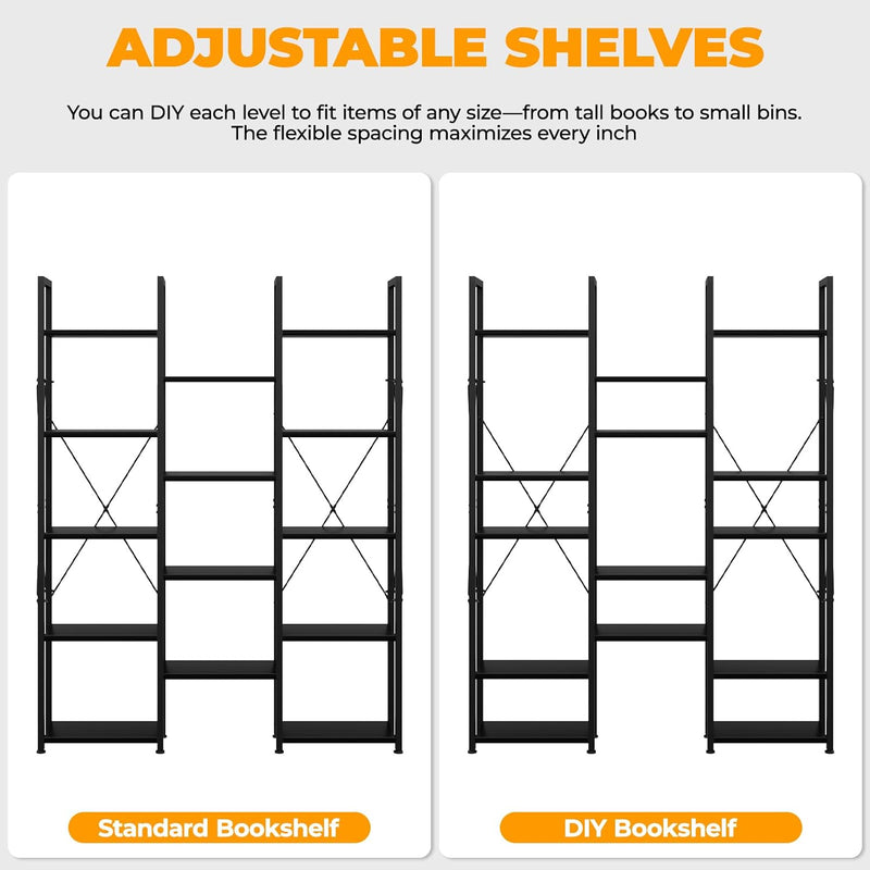 5-Tier Triple Bookshelf Bookcase with 14 Open Shelves