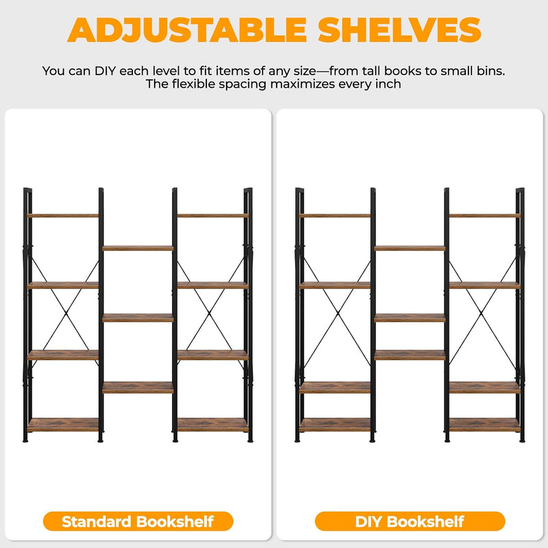 5-Tier Triple Bookshelf Bookcase with 14 Open Shelves