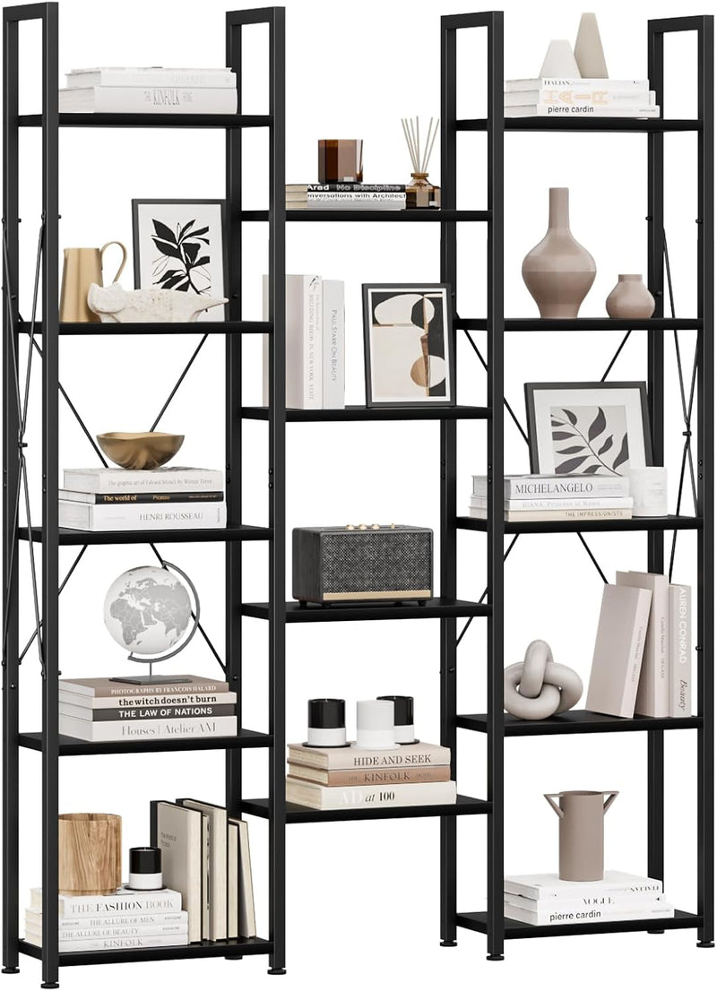 5-Tier Triple Bookshelf Bookcase with 14 Open Shelves