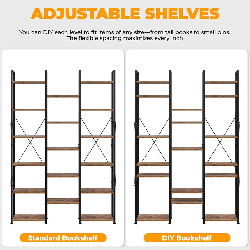 5-Tier Triple Bookshelf Bookcase with 14 Open Shelves