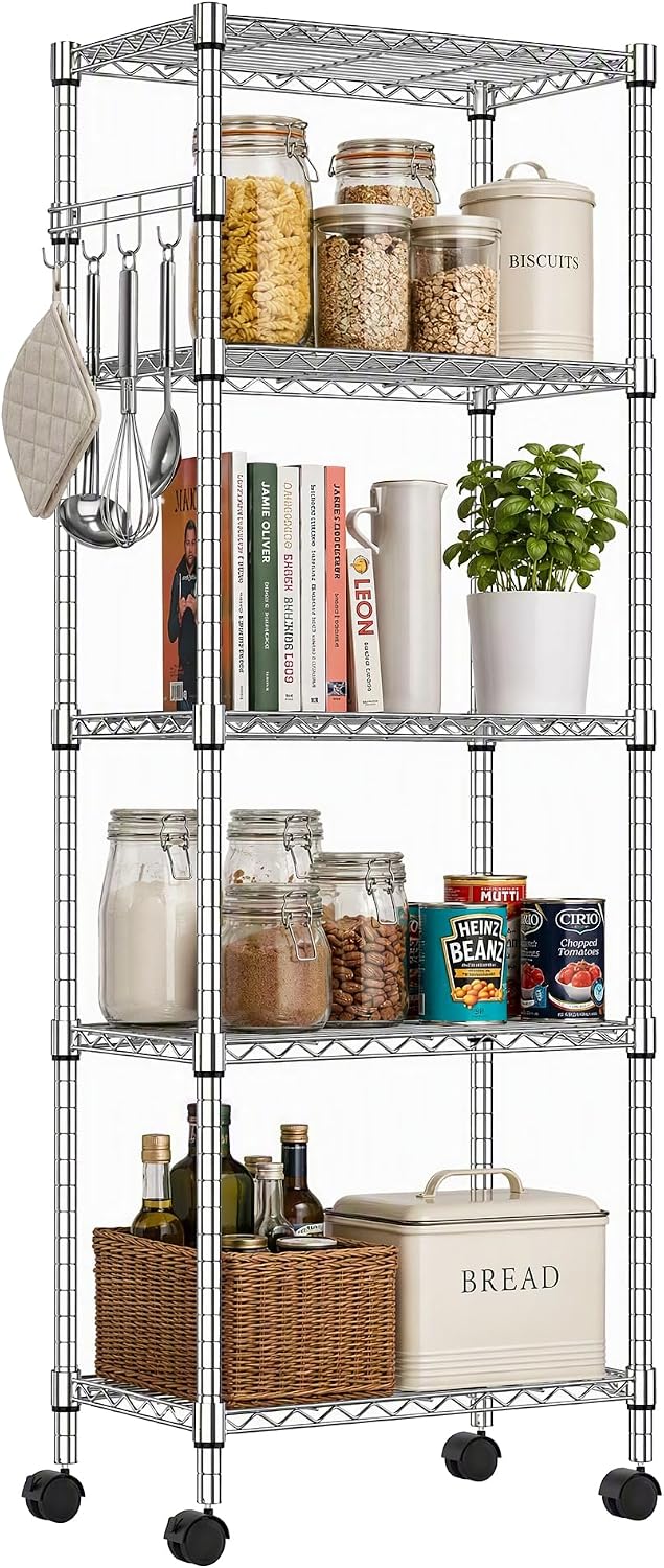 5-Tier Wire Shelving Unit on Wheels Chrome 59W