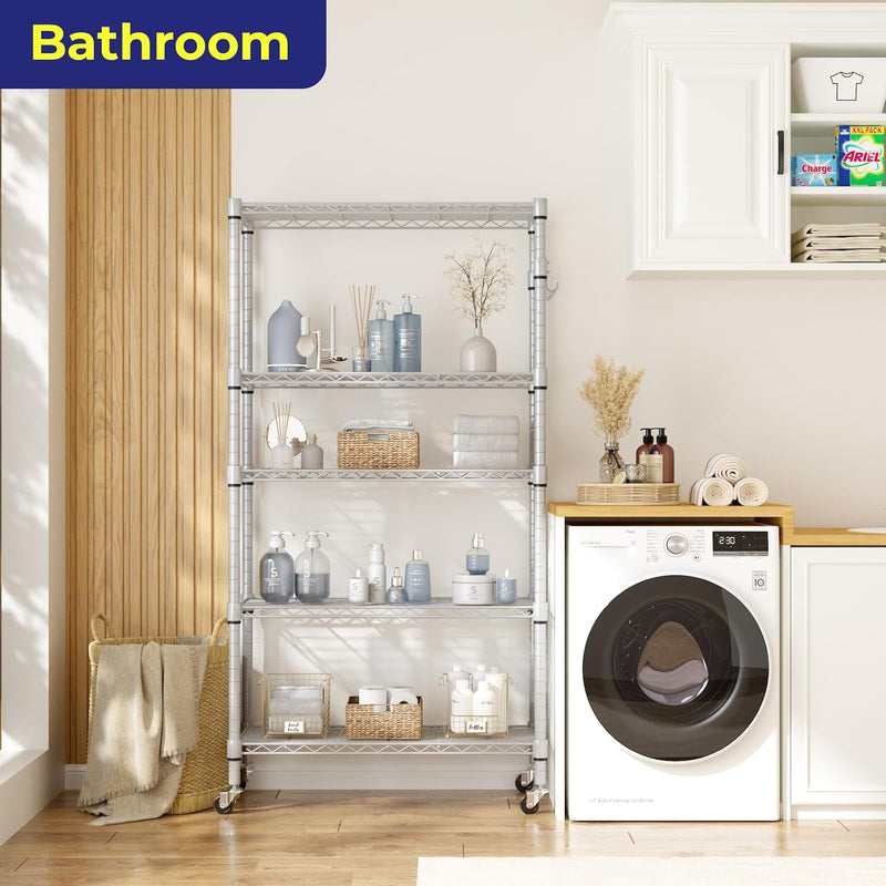 5-Tier Wire Shelving Unit on Wheels Chrome 59W