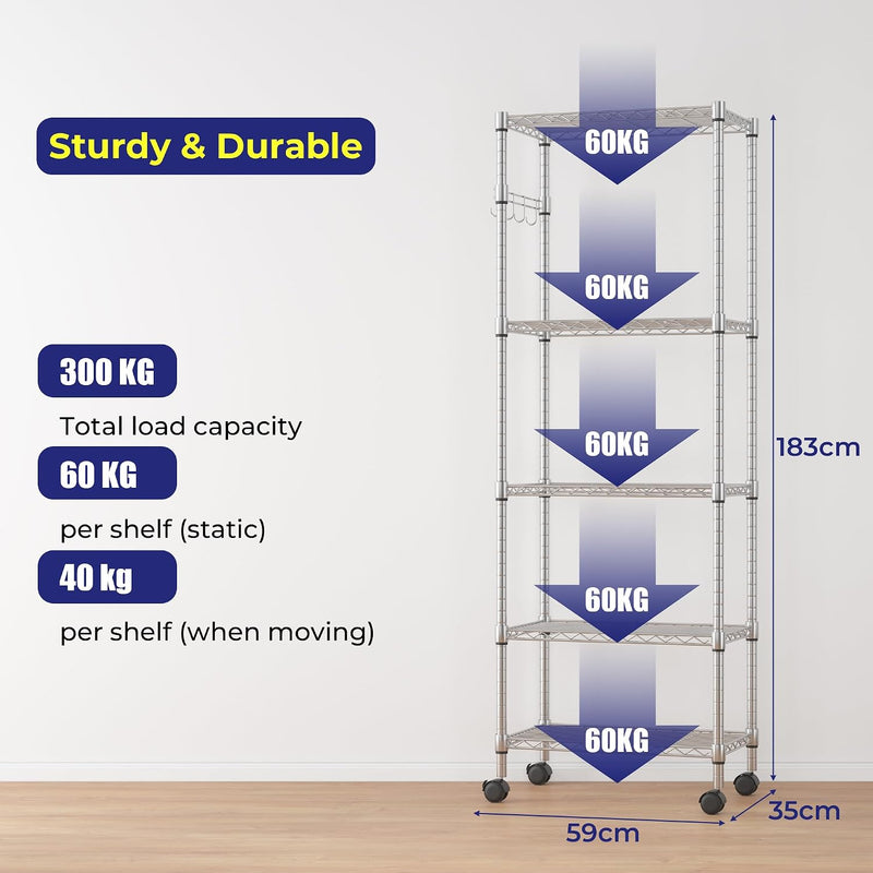 5-Tier Wire Shelving Unit on Wheels Chrome 59W
