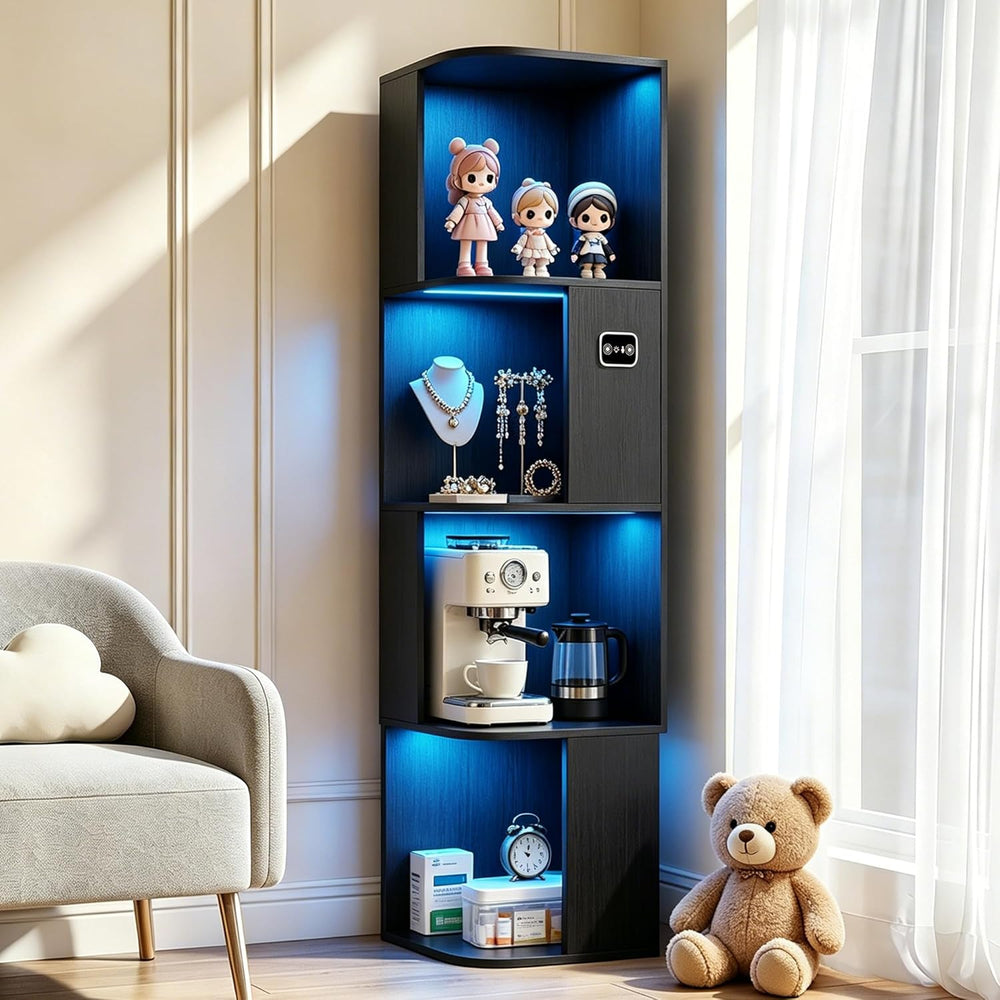 4-Tiers Corner Bookcase with 3 Colour Lights Human