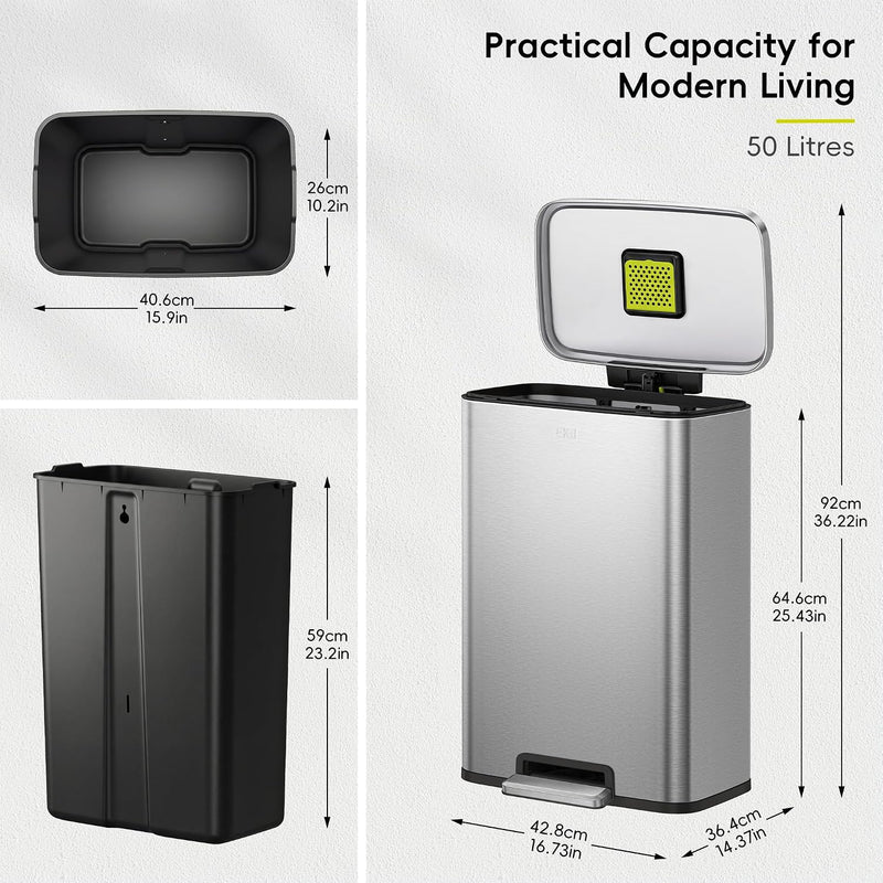 50L Kitchen Pedal Bin Soft Close Stay-Open Lid