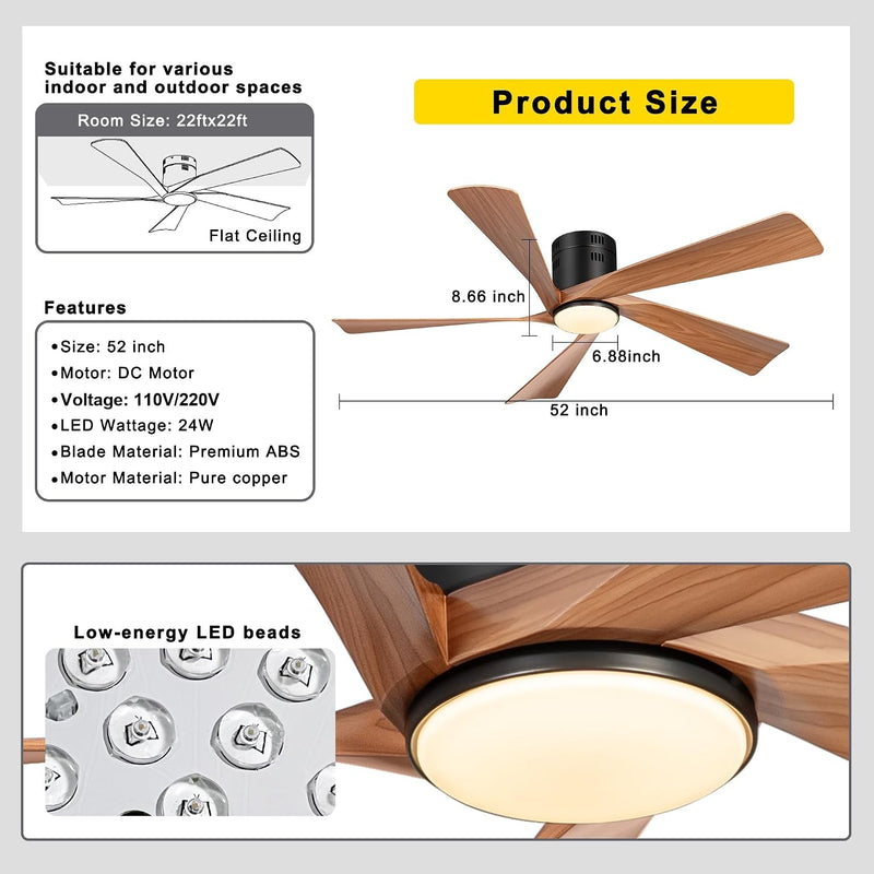 52'' Low Profile Ceiling Fan with Lights Remote