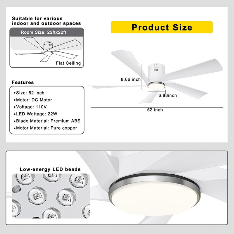 52'' Low Profile Ceiling Fan with Lights Remote