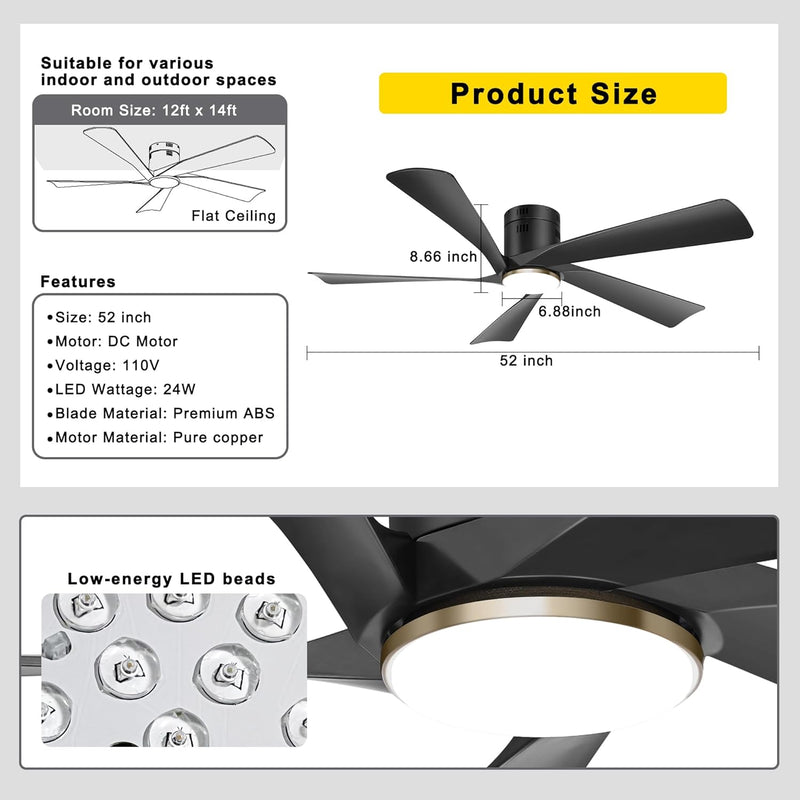 52'' Low Profile Ceiling Fans with Lights Remote