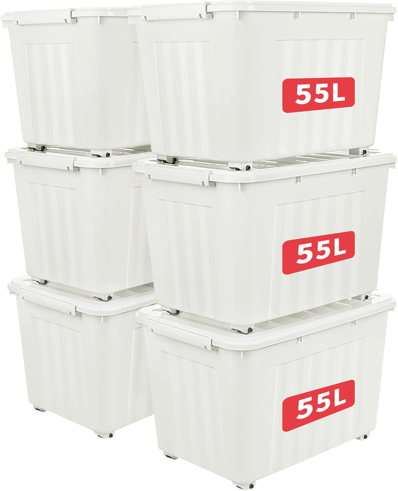 55lx6 Storage Boxes with Lids Plastic Box Wheels (6 Pack)