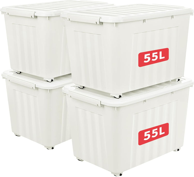 55lx6 Storage Boxes with Lids Plastic Box Wheels (6 Pack)