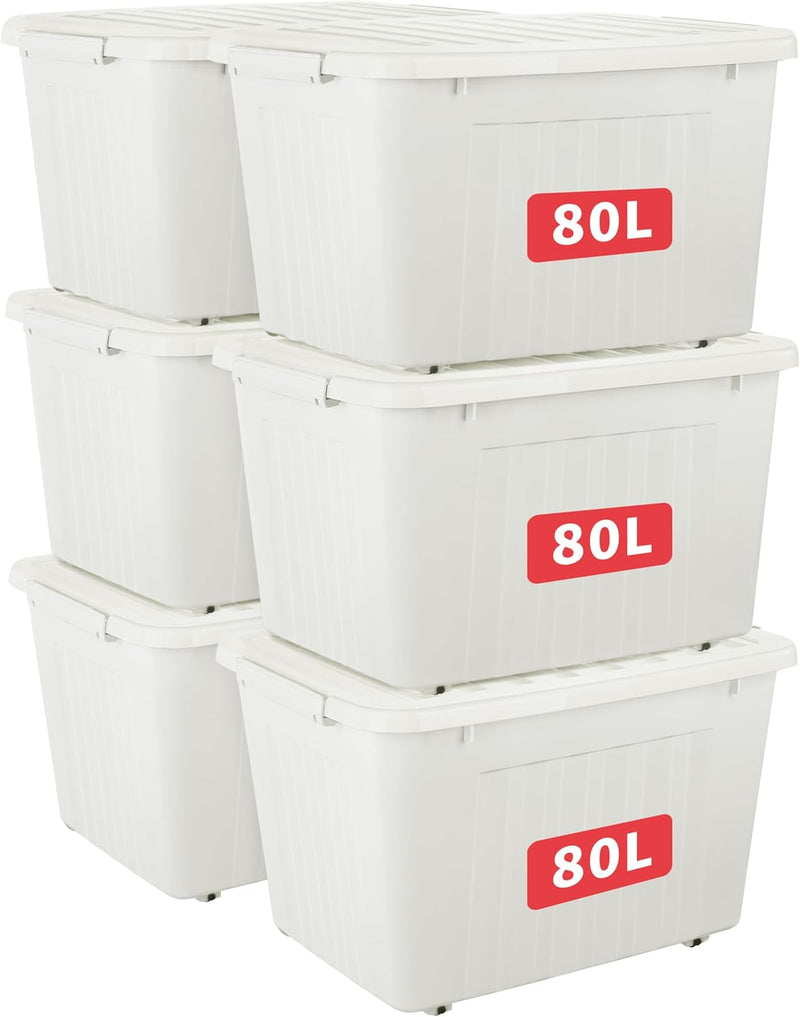 55lx6 Storage Boxes with Lids Plastic Box Wheels (6 Pack)