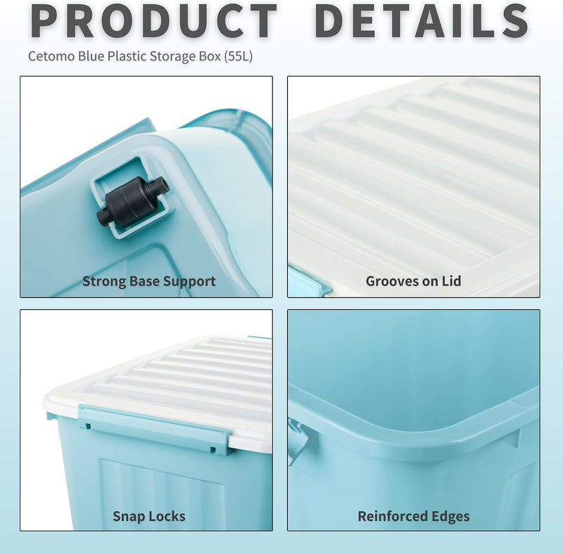 55lx6 Storage Boxes with Lids Plastic Box Wheels (6 Pack)