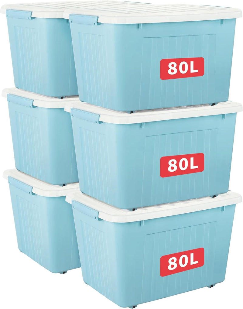 55lx6 Storage Boxes with Lids Plastic Box Wheels (6 Pack)