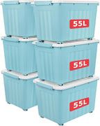 55lx6 Storage Boxes with Lids Plastic Box Wheels (6 Pack)