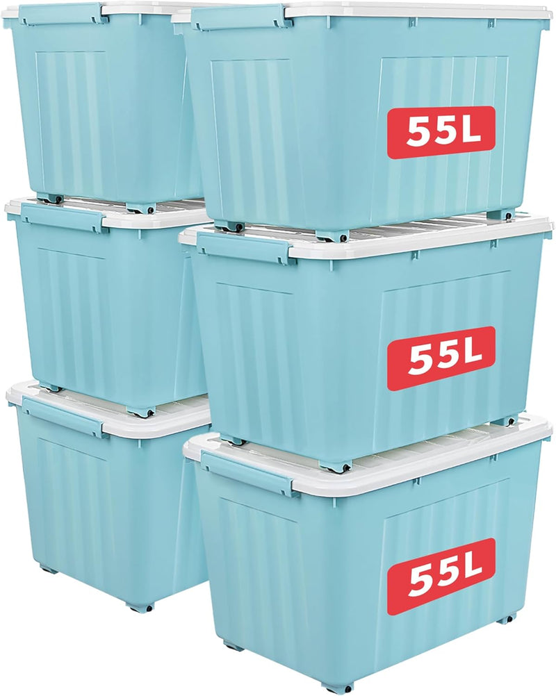55lx6 Storage Boxes with Lids Plastic Box Wheels (6 Pack)