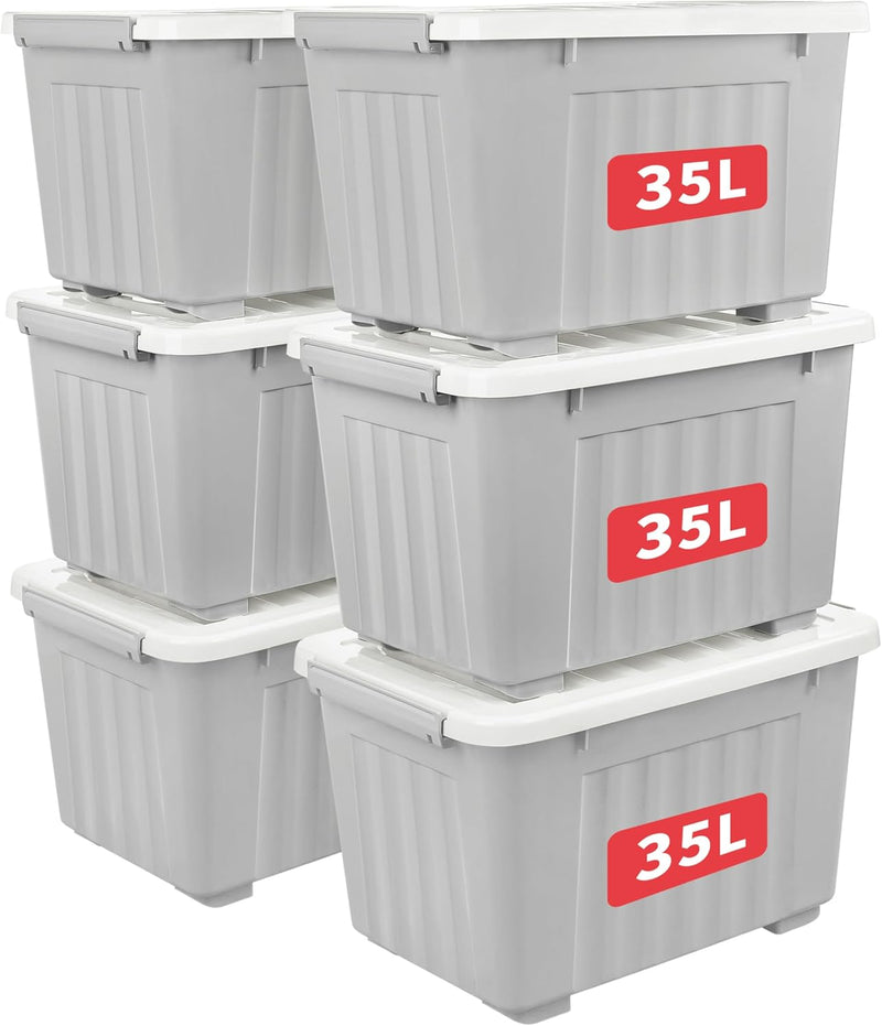 55lx6 Storage Boxes with Lids Plastic Box Wheels (6 Pack)
