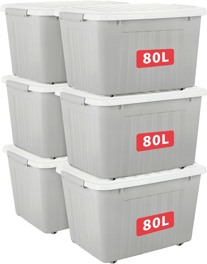55lx6 Storage Boxes with Lids Plastic Box Wheels (6 Pack)