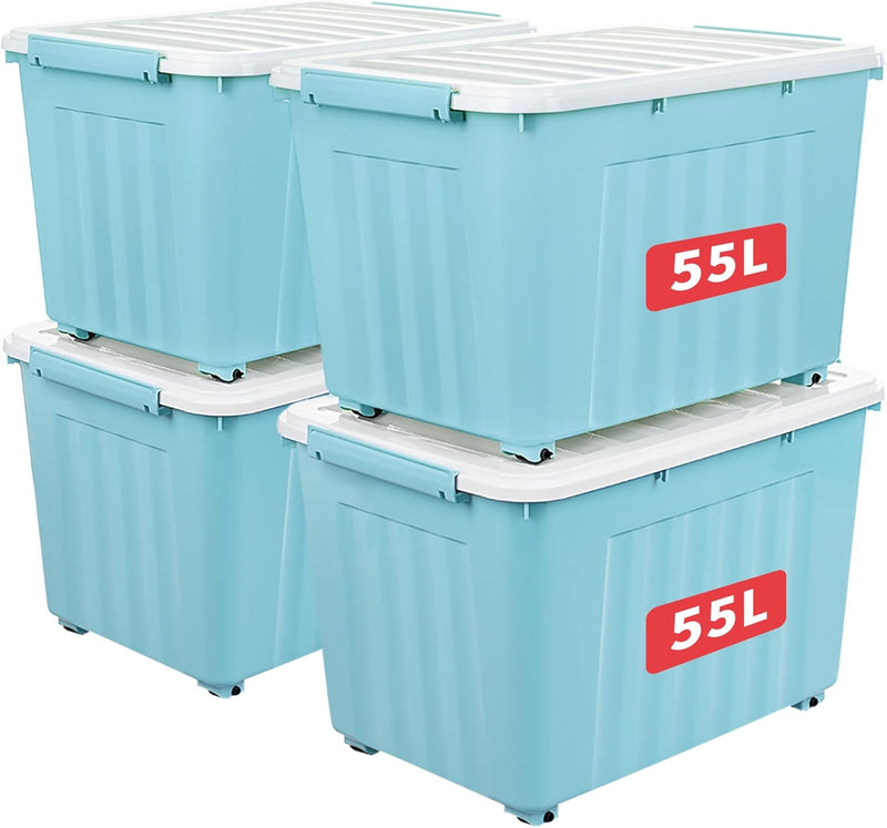 55lx6 Storage Boxes with Lids Plastic Box Wheels (6 Pack)