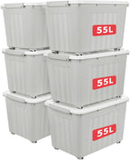 55lx6 Storage Boxes with Lids Plastic Box Wheels (6 Pack)