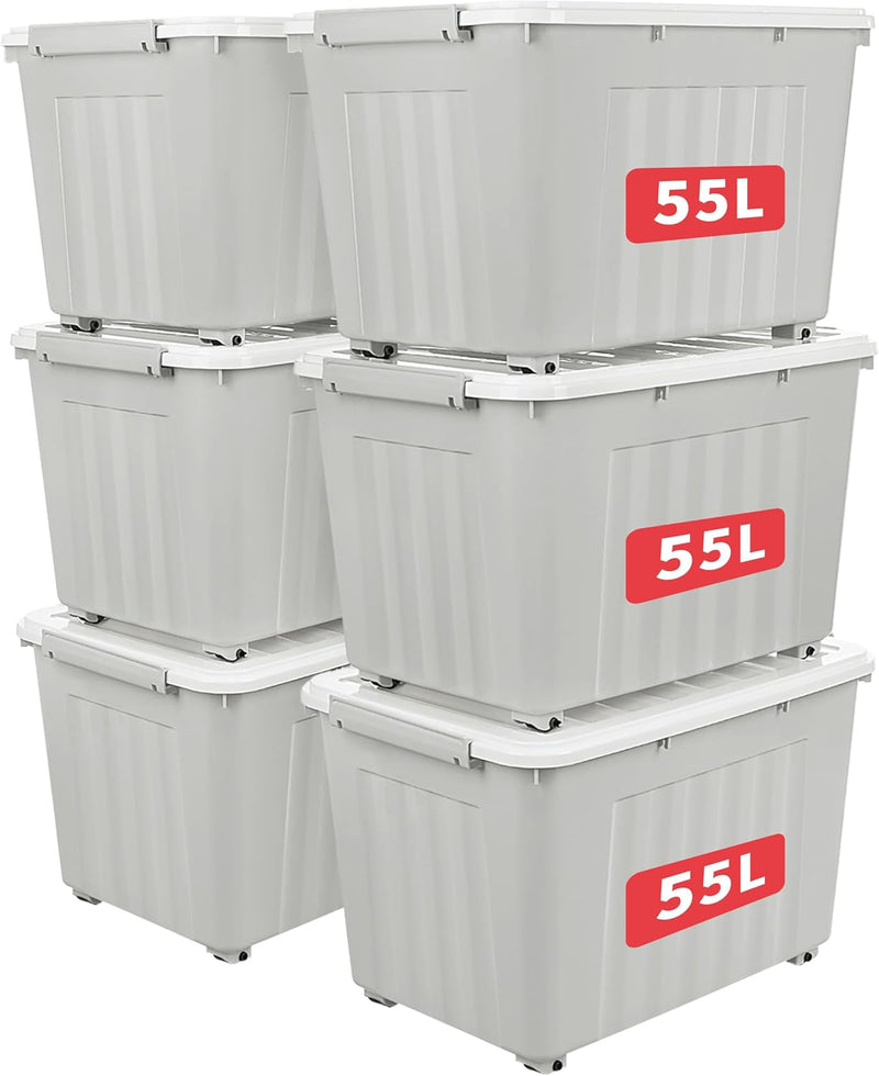 55lx6 Storage Boxes with Lids Plastic Box Wheels (6 Pack)