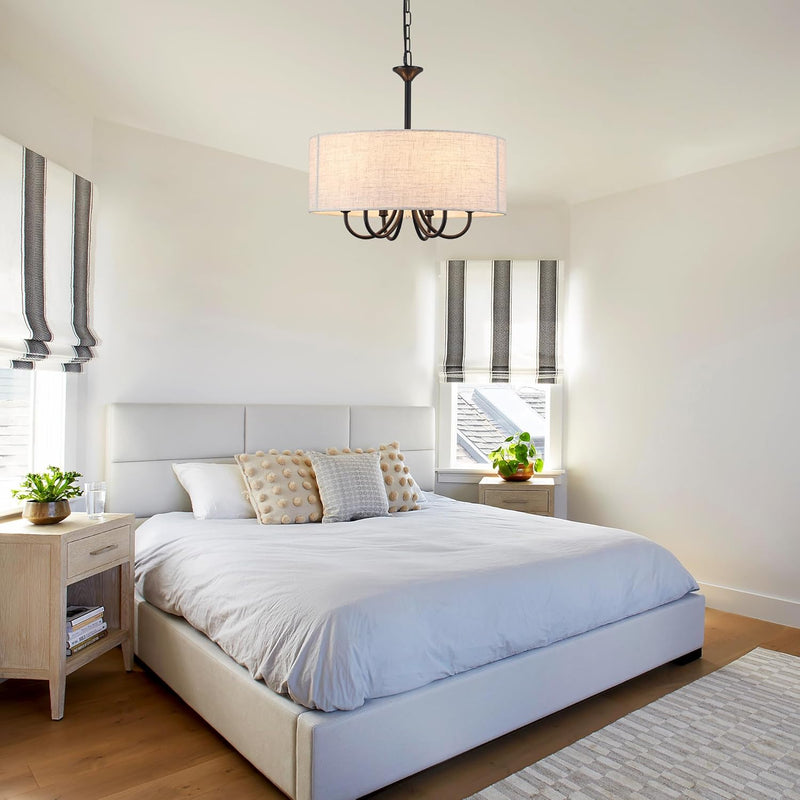 6- Chandelier Living Room Metal Drum Fabric Shade