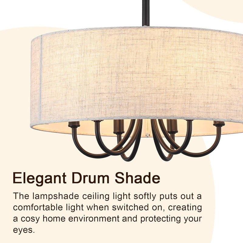 6- Chandelier Living Room Metal Drum Fabric Shade