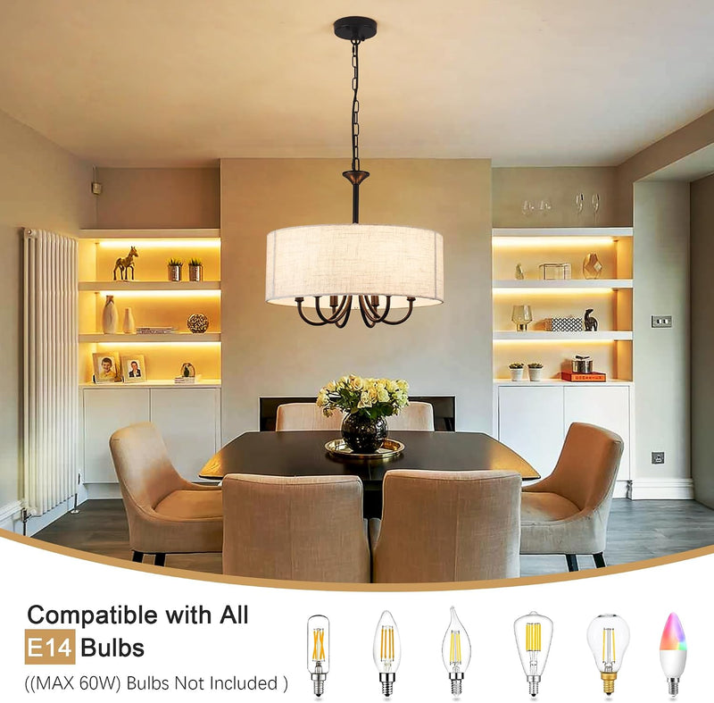 6- Chandelier Living Room Metal Drum Fabric Shade