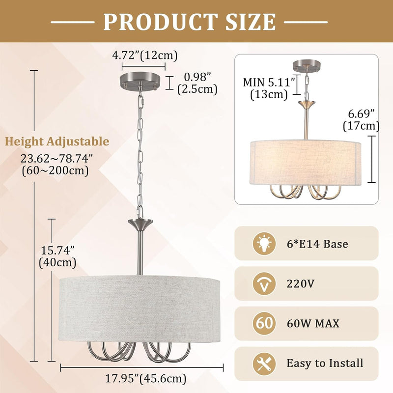 6- Chandelier Living Room Metal Drum Fabric Shade