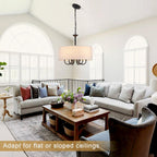 6- Chandelier Living Room Metal Drum Fabric Shade