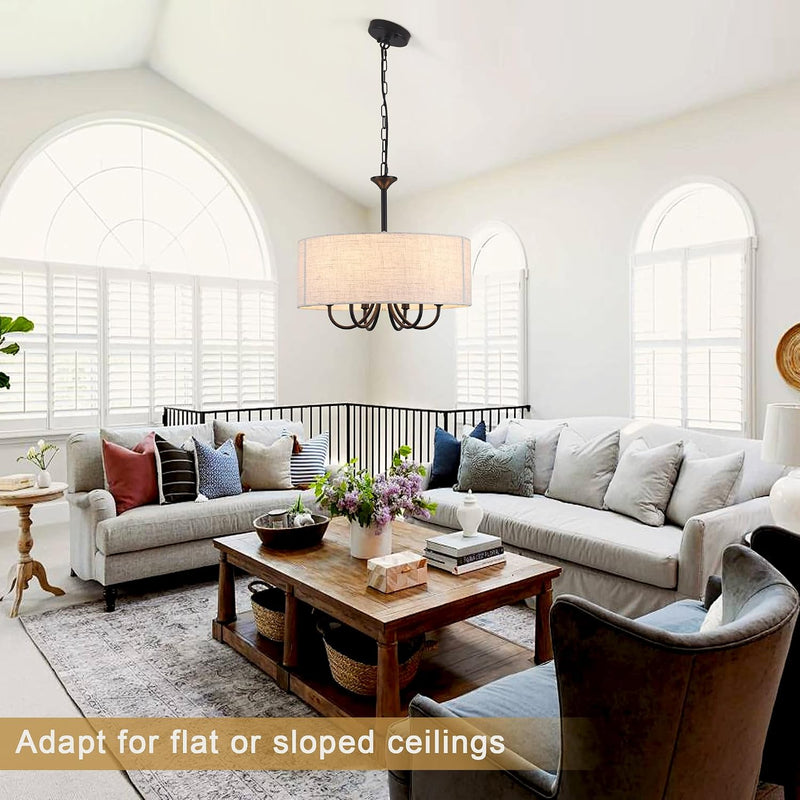 6- Chandelier Living Room Metal Drum Fabric Shade