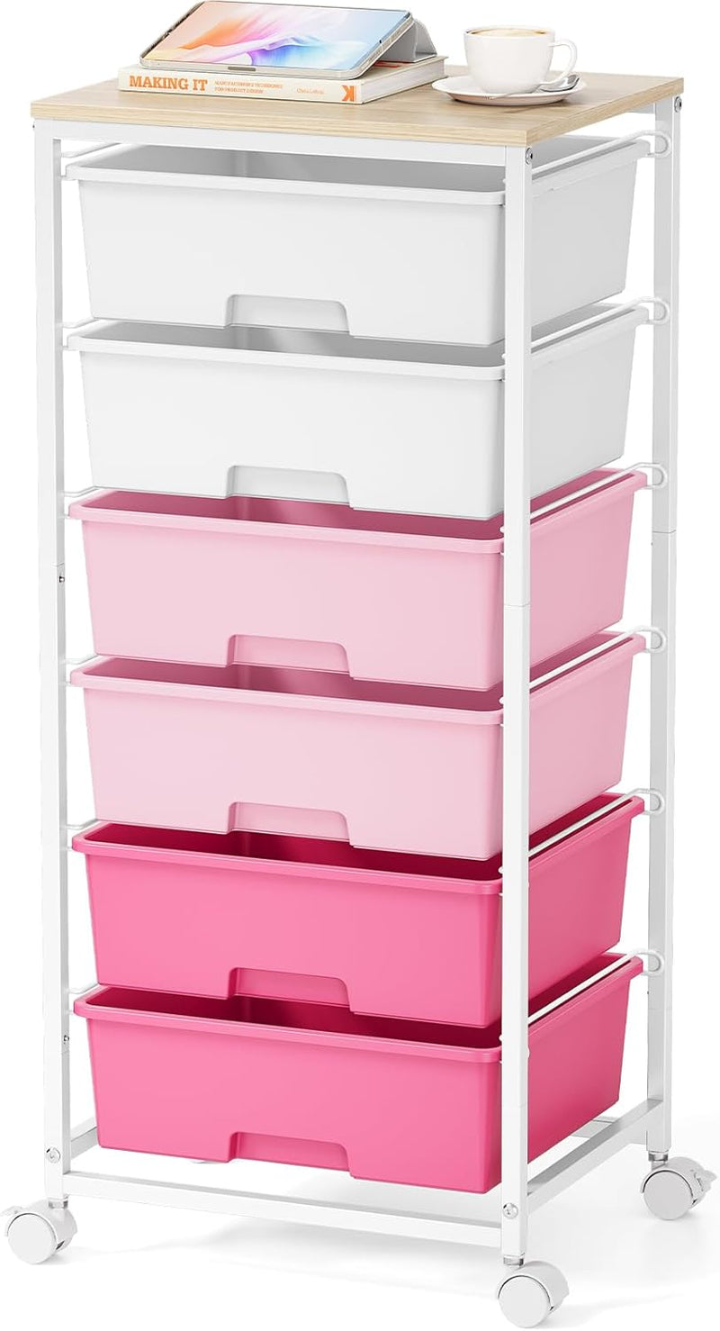 6-Drawer Craft Organiser Trolley Cart with Wooden Top