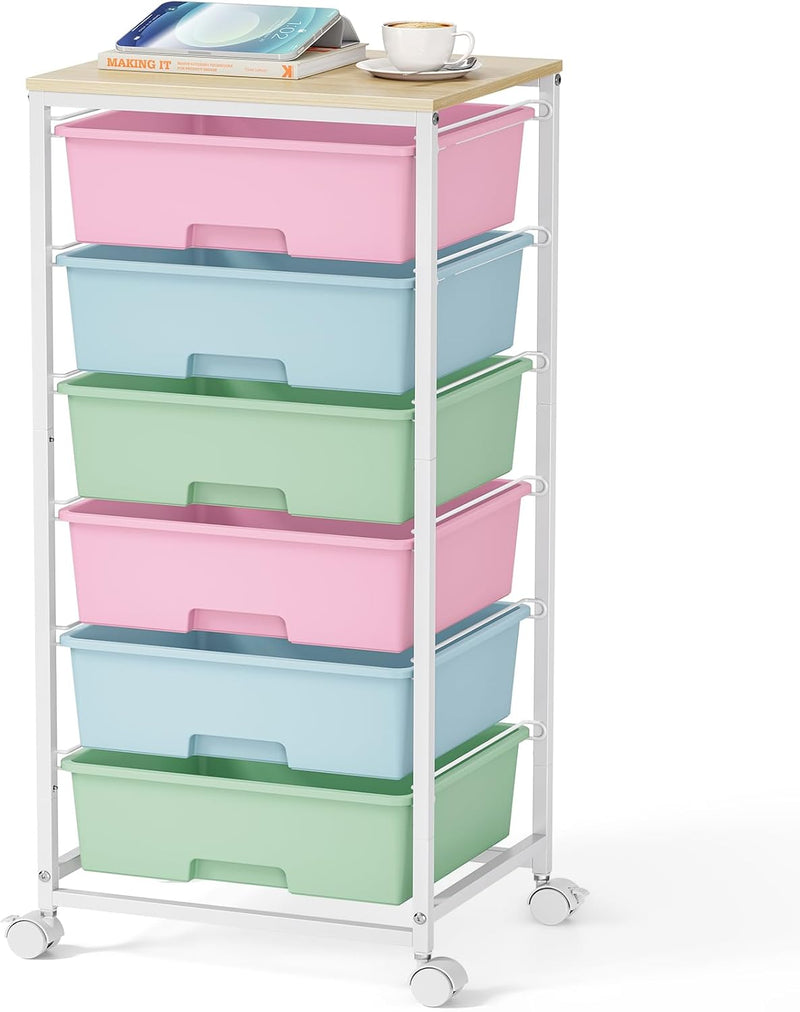 6-Drawer Craft Organiser Trolley Cart with Wooden Top