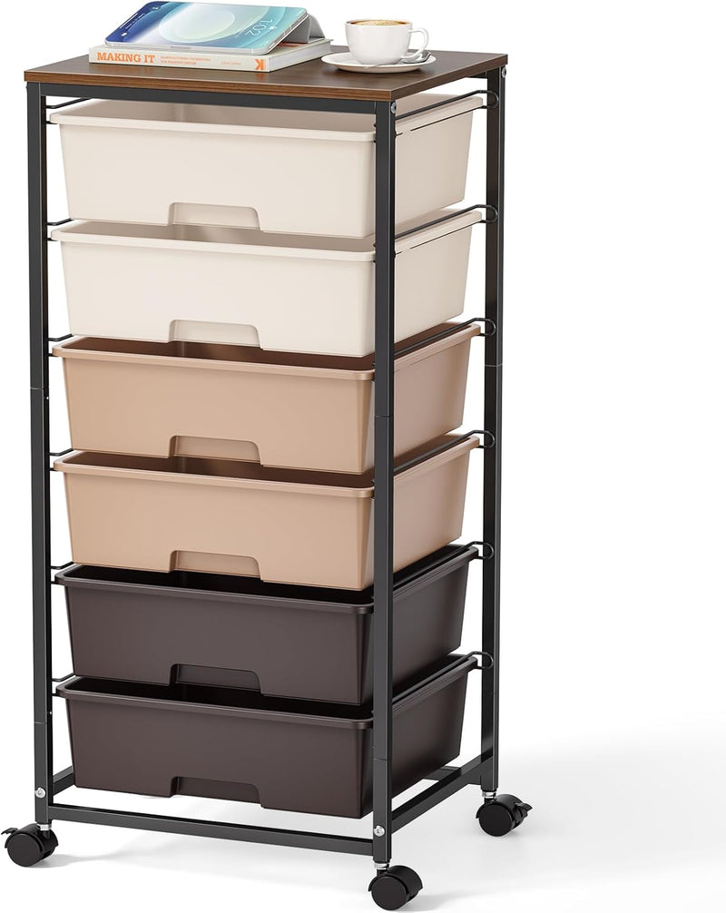 6-Drawer Craft Organiser Trolley Cart with Wooden Top
