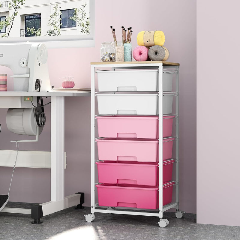 6-Drawer Craft Organiser Trolley Cart with Wooden Top
