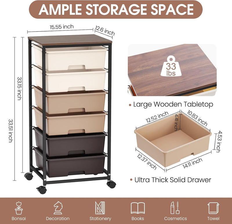 6-Drawer Craft Organiser Trolley Cart with Wooden Top