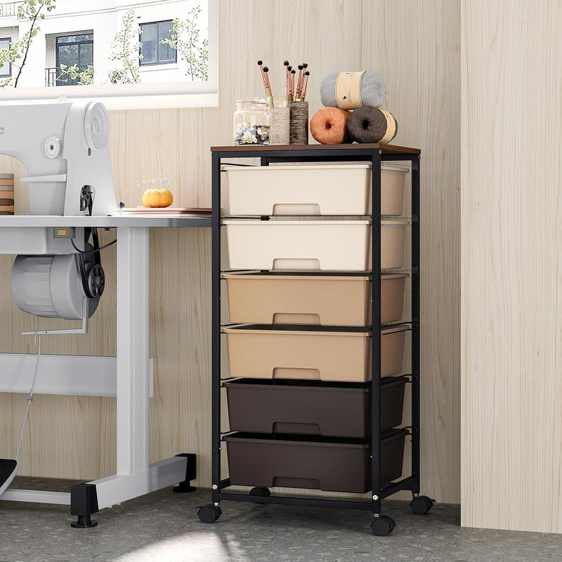 6-Drawer Craft Organiser Trolley Cart with Wooden Top