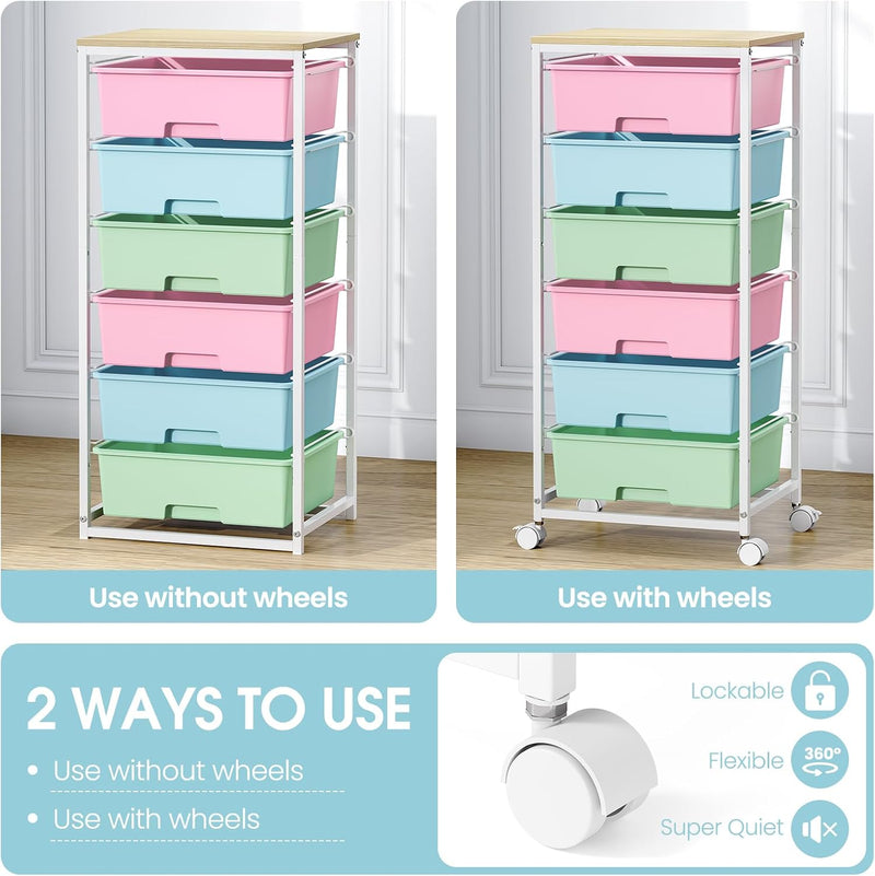 6-Drawer Craft Organiser Trolley Cart with Wooden Top