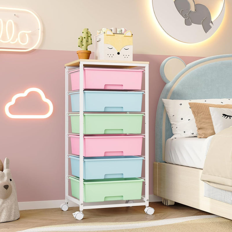6-Drawer Craft Organiser Trolley Cart with Wooden Top