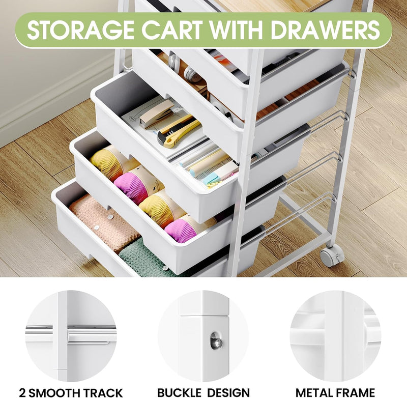 6-Drawer Craft Organiser Trolley Cart with Wooden Top