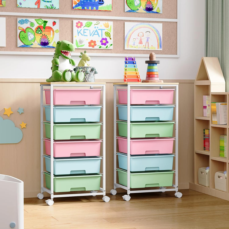 6-Drawer Craft Organiser Trolley Cart with Wooden Top