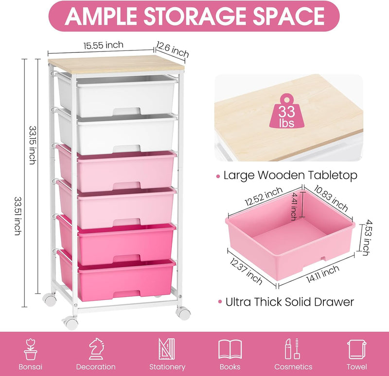 6-Drawer Craft Organiser Trolley Cart with Wooden Top