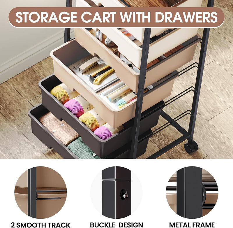 6-Drawer Craft Organiser Trolley Cart with Wooden Top