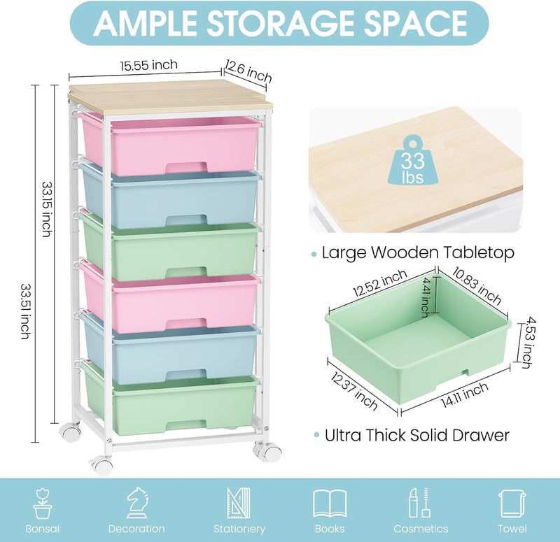 6-Drawer Craft Organiser Trolley Cart with Wooden Top